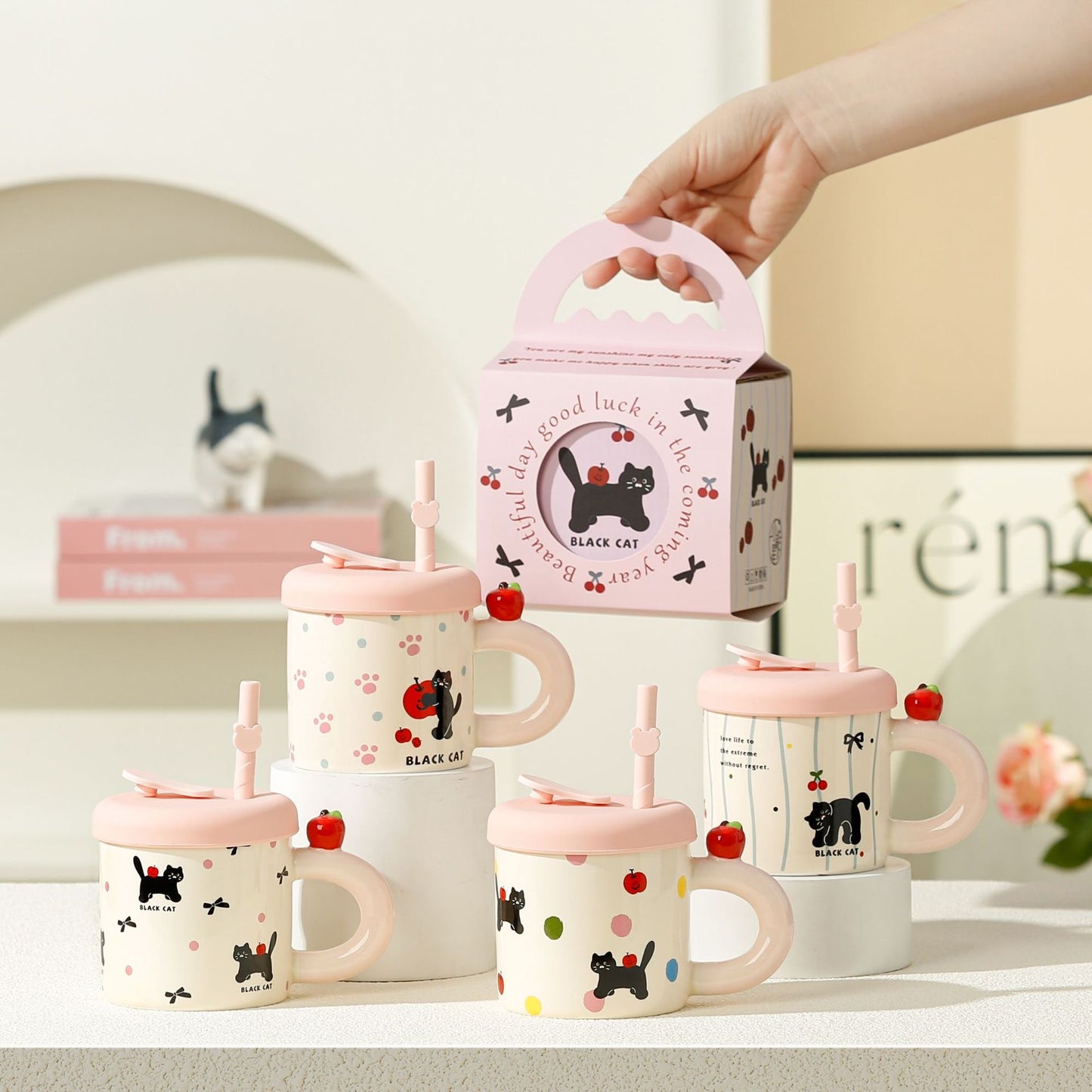 Black Cat Ceramic Mug with Lid & Straw