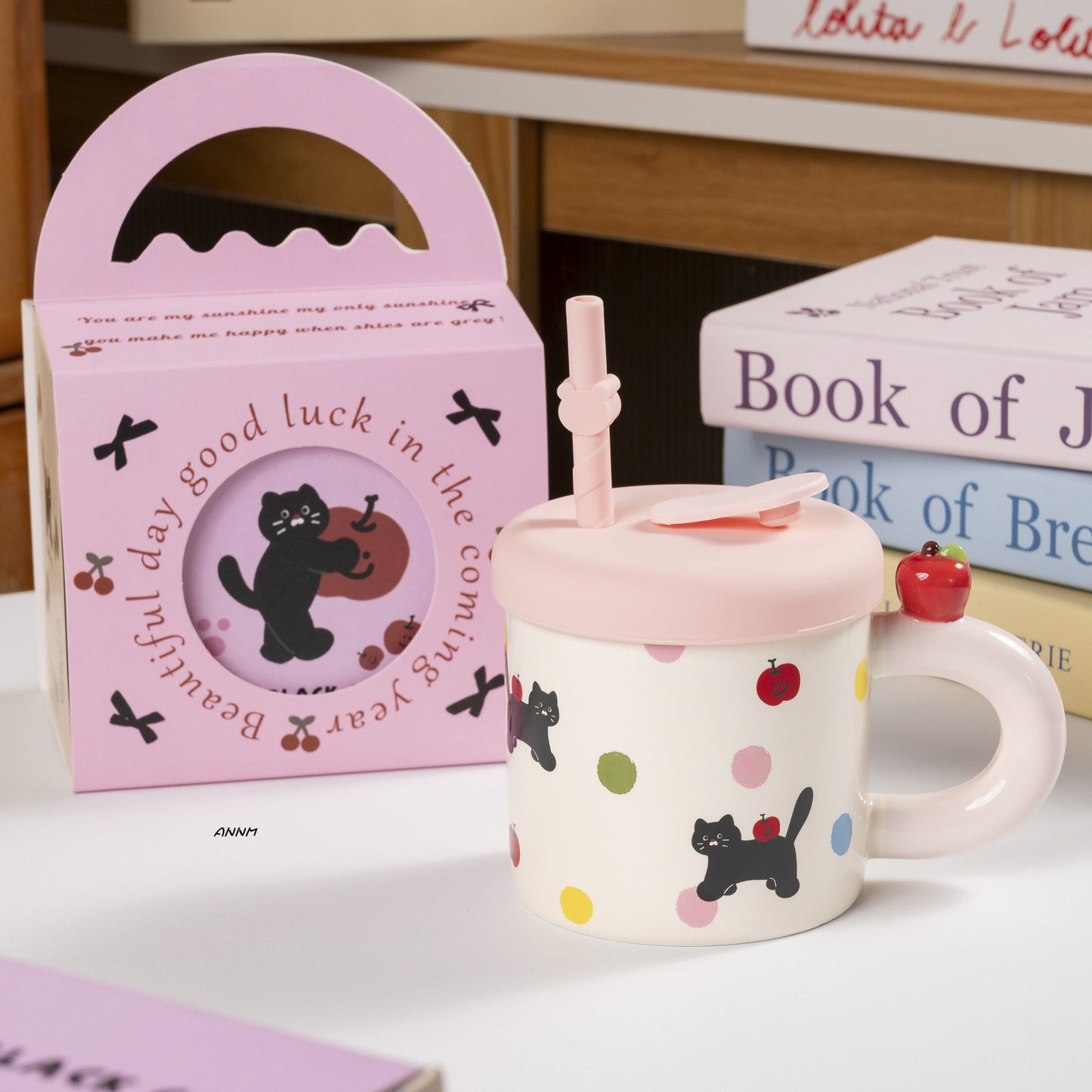 Black Cat Ceramic Mug with Lid & Straw