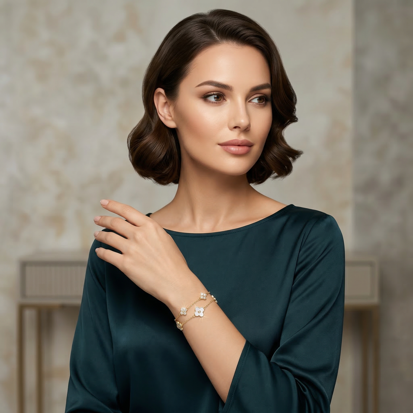 Elegant White Clover Double Chain Gold Plated Bracelet