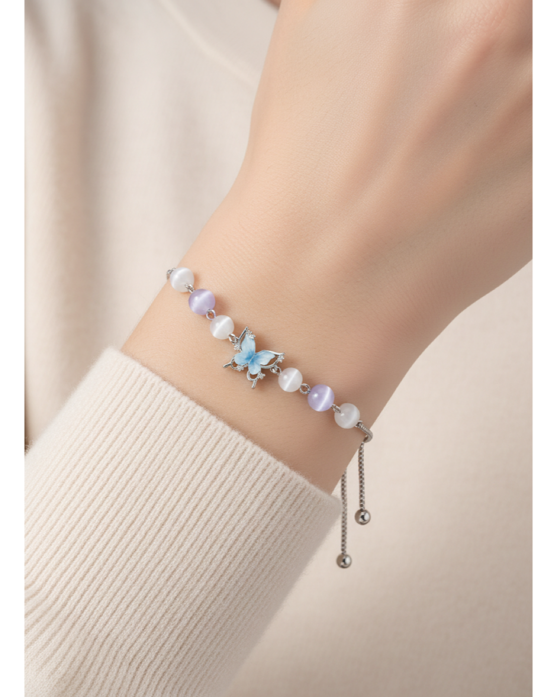 Silver Rhodium Plated Butterfly Cat Eye Bead Adjustable Bracelet