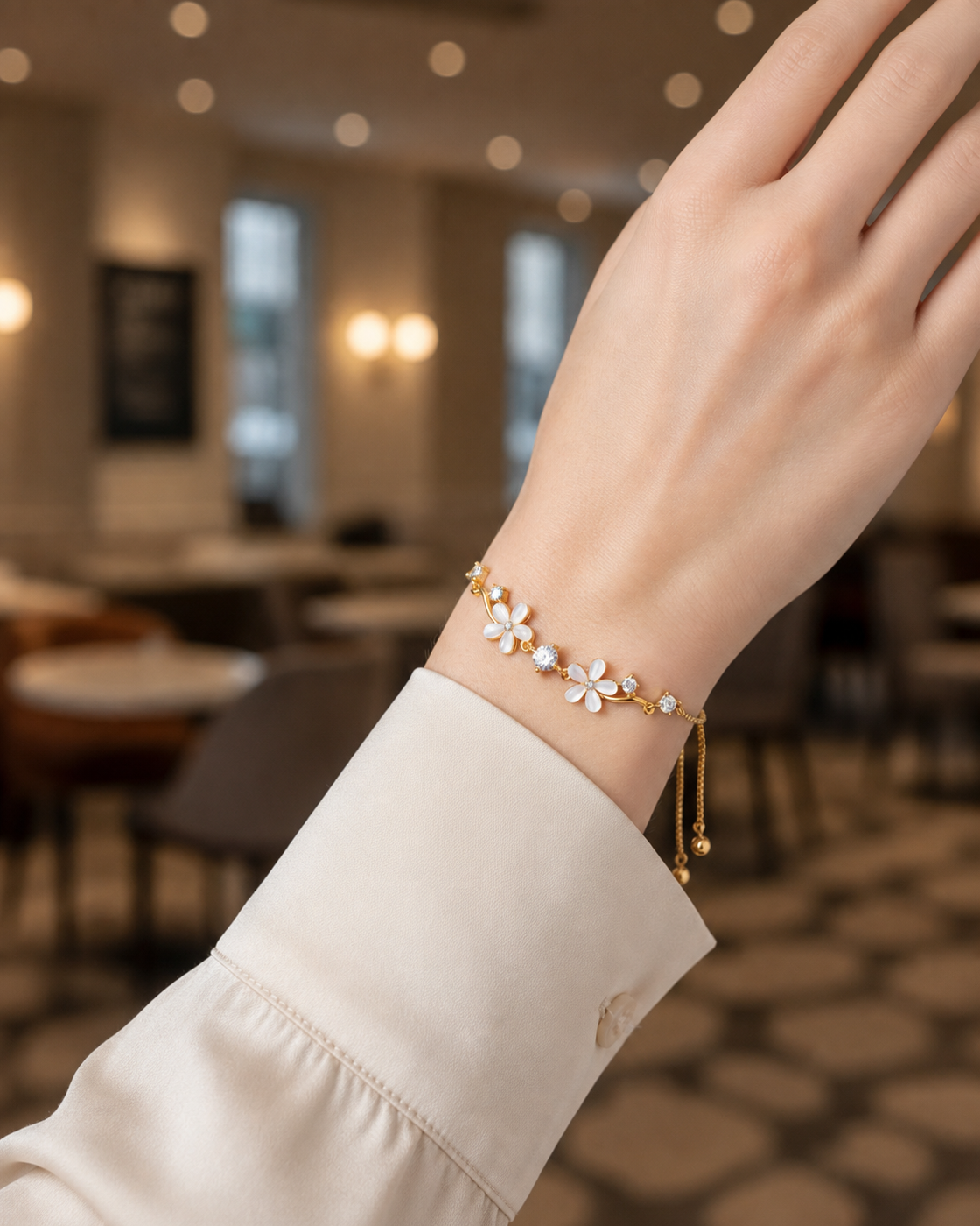 Gold Plated Cat's Eye Stone Flower Sliding Bracelet