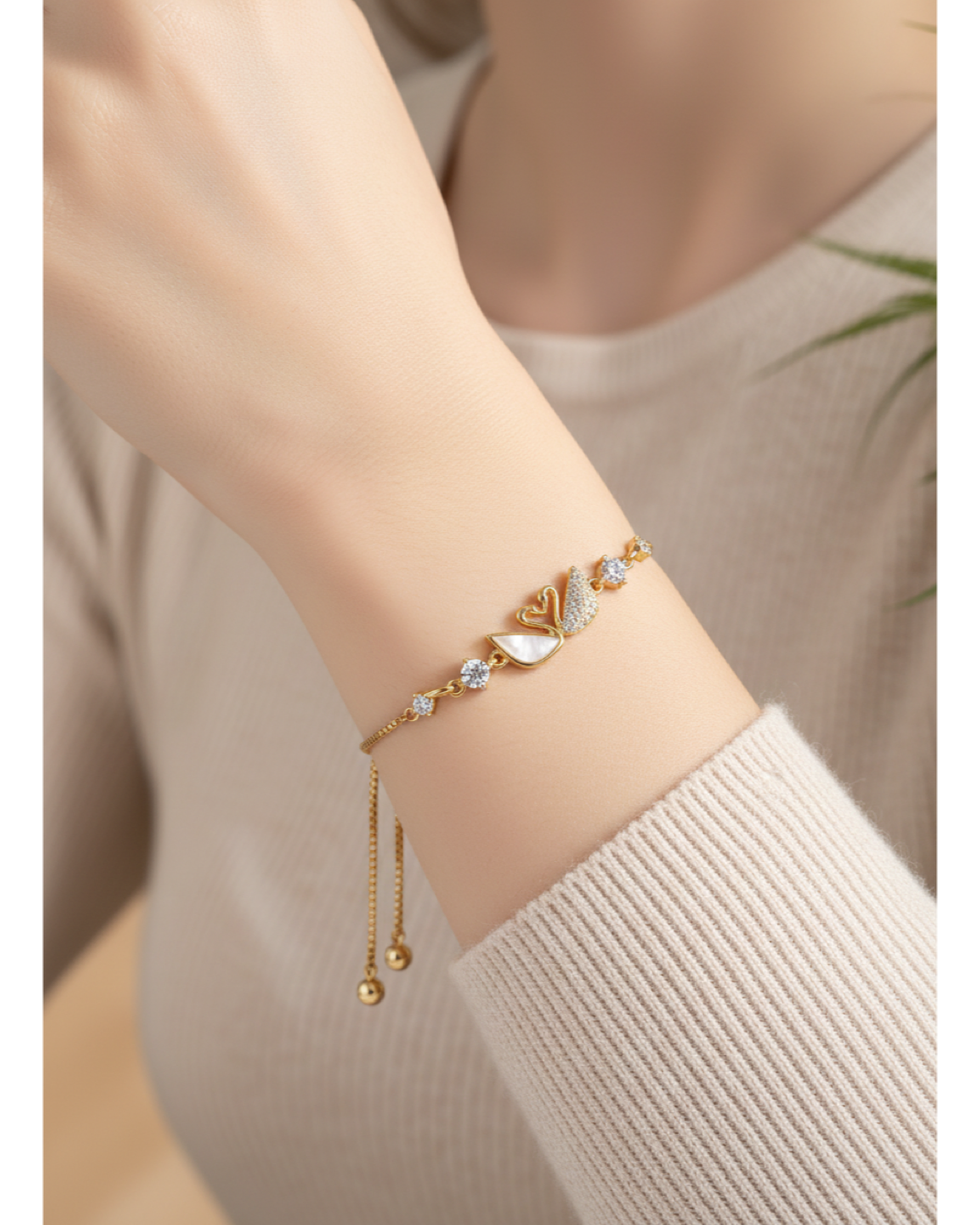 Gold Plated Swan Mother-of-Pearl & Zircon Adjustable Bracelet