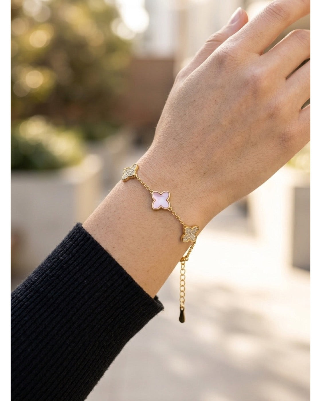 Gold Plated Pink Zirconia Clover Bracelet with Lobster Clasp