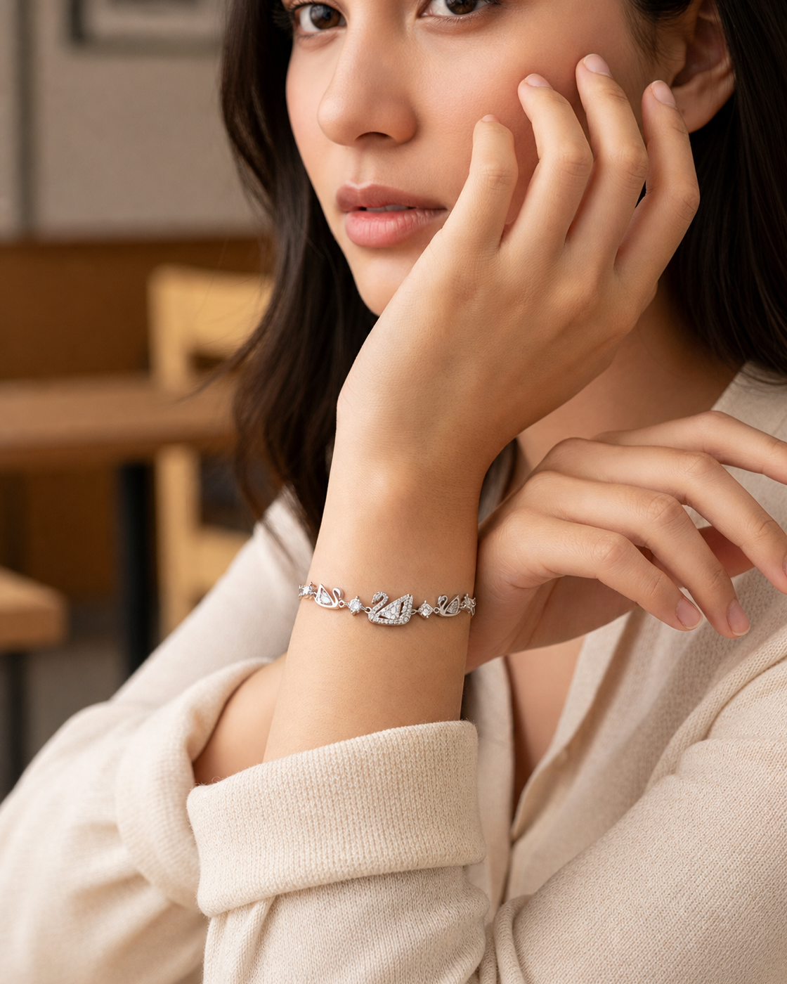 Rhodium Plated Swan Zircon Sliding Bracelet