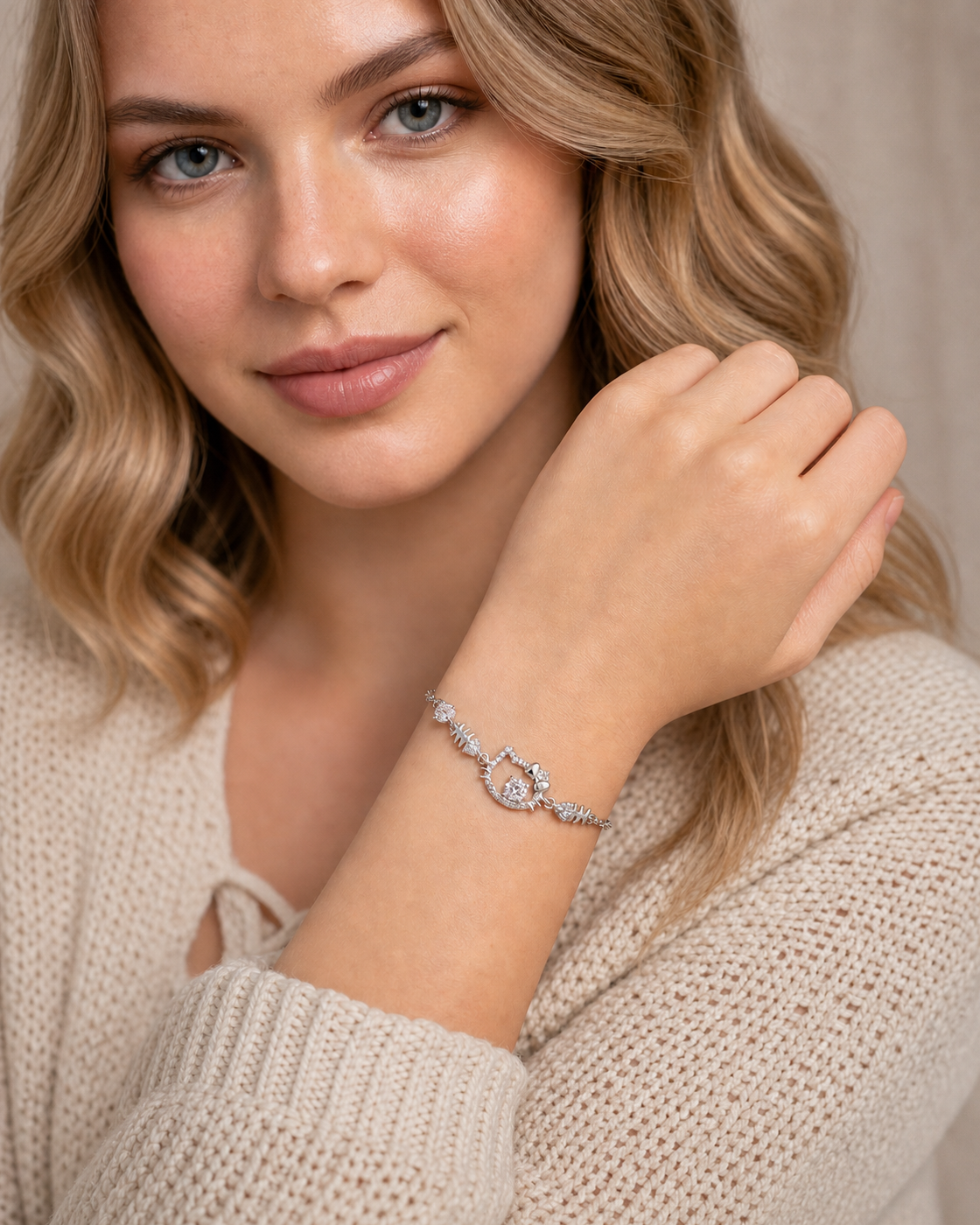 Rhodium Plated CZ Cat Bracelet with Fishbone Charms