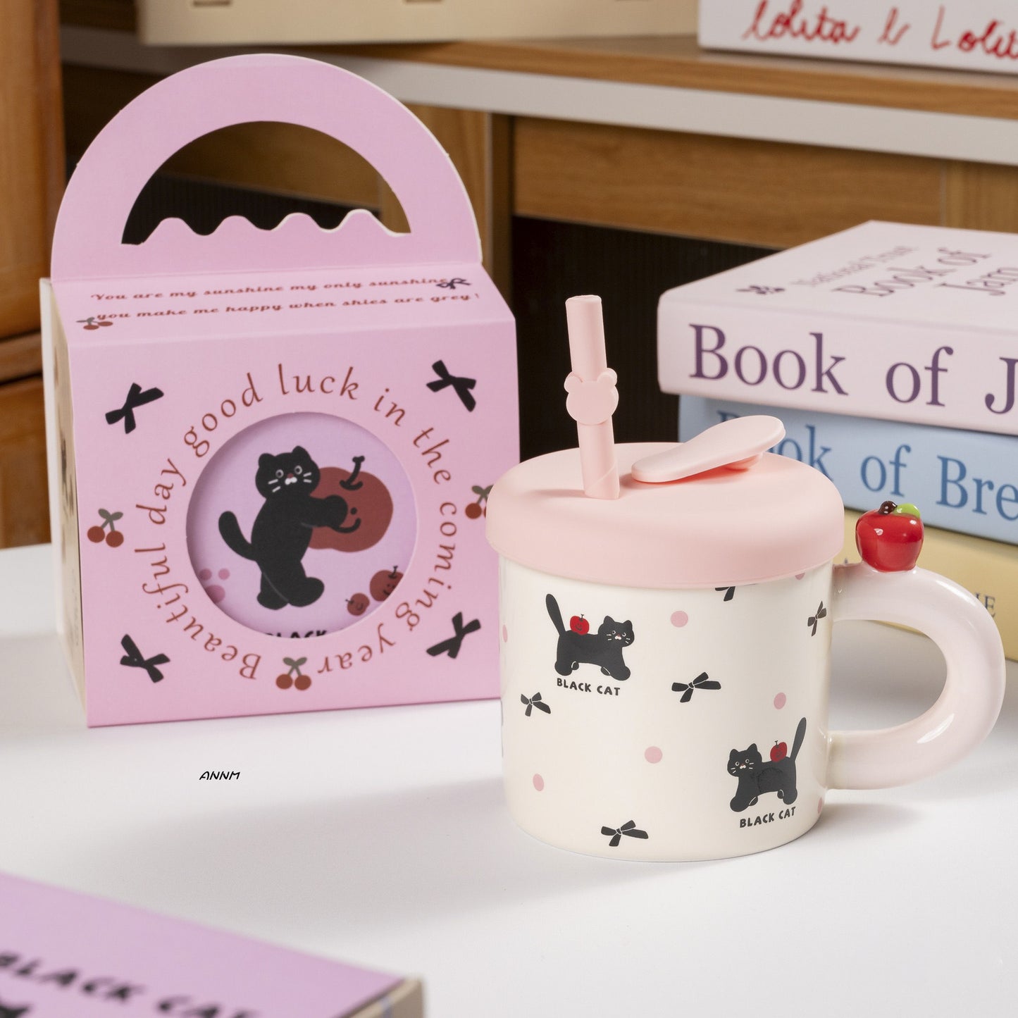 Black Cat Ceramic Mug with Lid & Straw