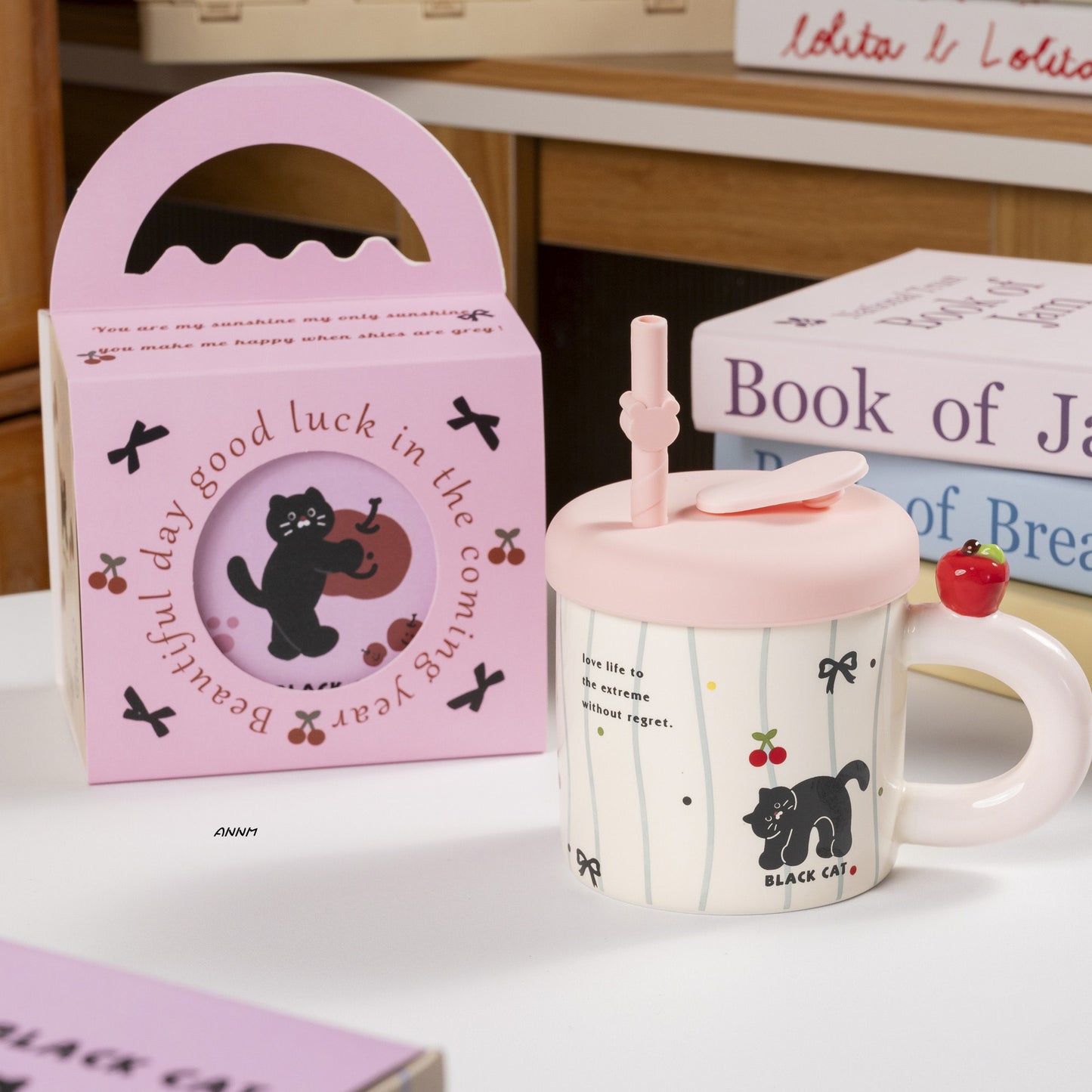 Black Cat Ceramic Mug with Lid & Straw