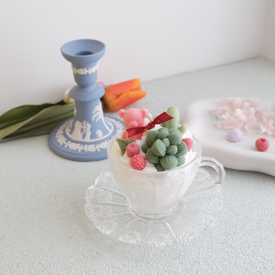 Terrarium Delight Premium Vintage Tea Cup Candle with Teddy Bear