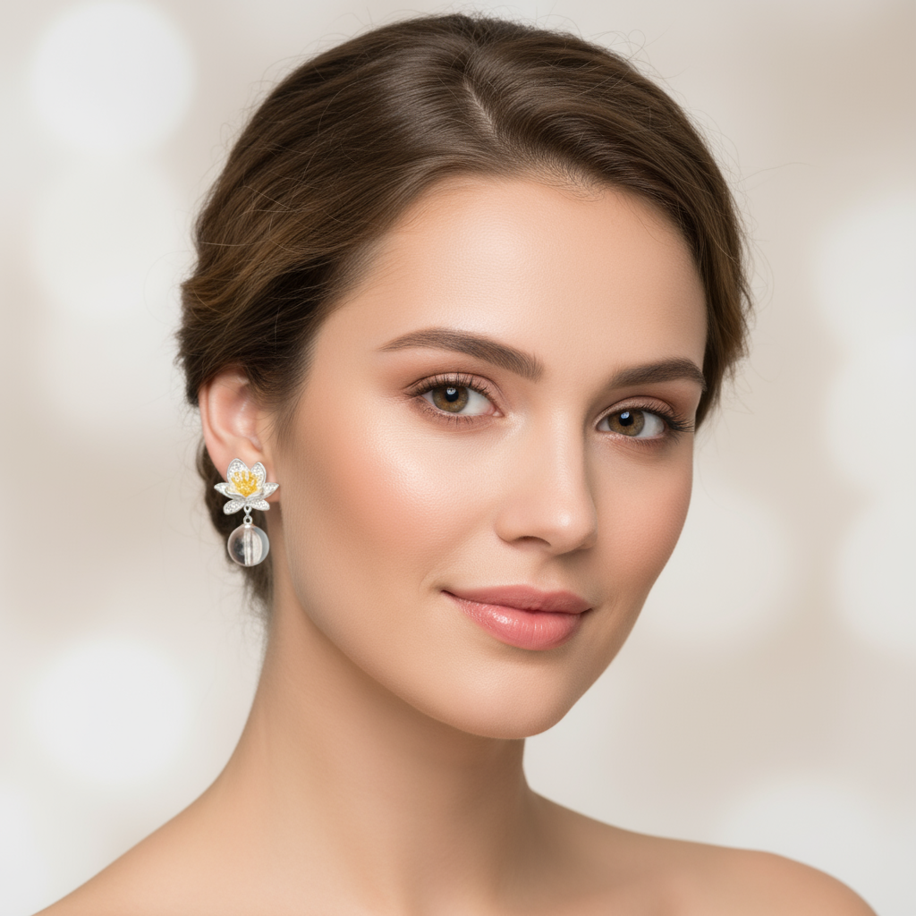 Silver Lotus Crystal Drop Earrings