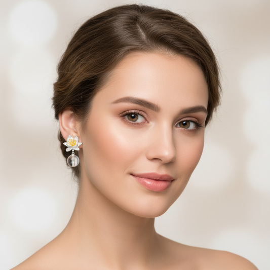 Silver Lotus Crystal Drop Earrings