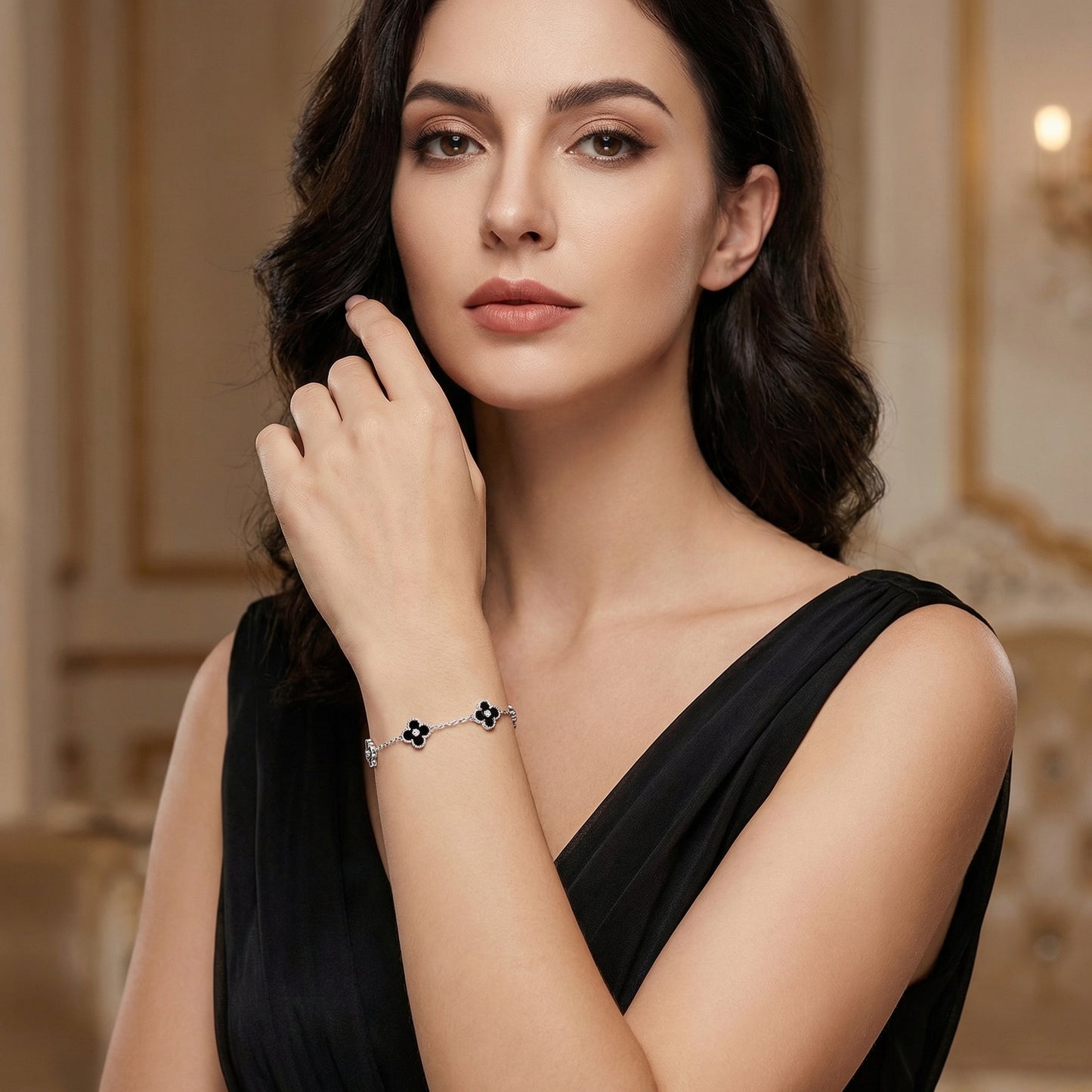 Elegant Black Four-Leaf Clover Gold Plated Bracelet