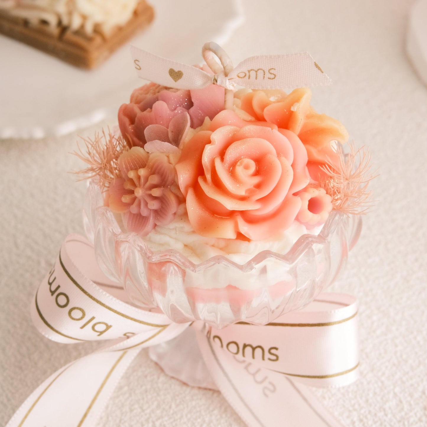 Miss Blooms Japanese Honeysuckle Flower Small Sundae Candle in pedestal glass from a wider angle