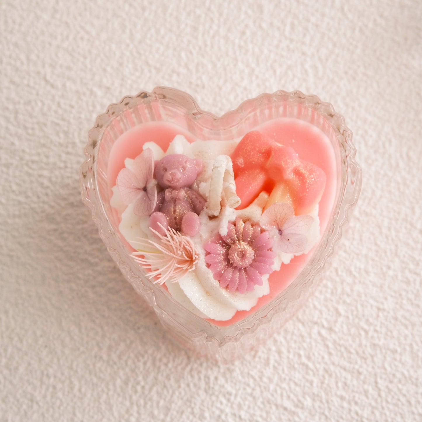 Miss Blooms Blossom Eternal Love Jar Candle heart-shaped jar from above showing pink ribbed glass and crystal lid detail