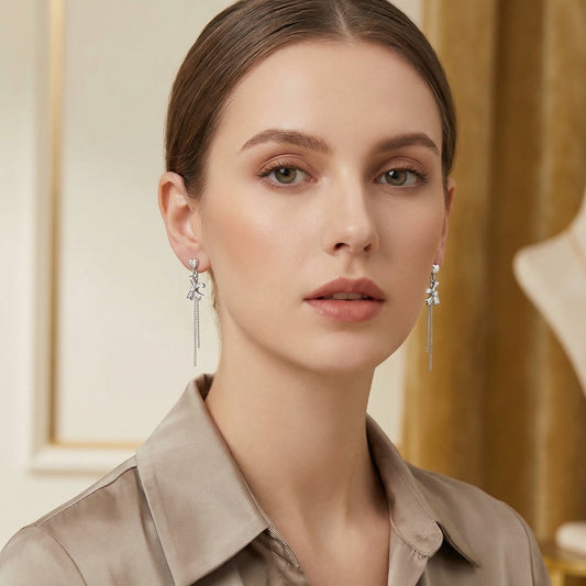 Dainty Heart And Bow Drop Rhodium Plated Sterling Silver Earring