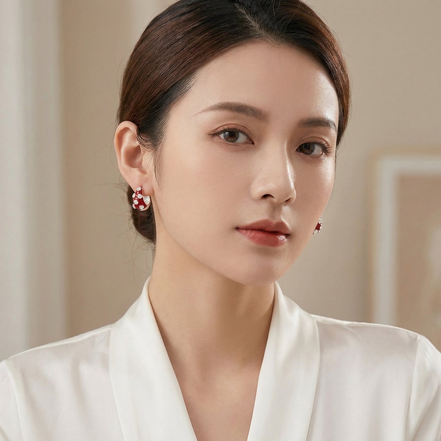 Crimson Red Flower Enamel Coating Rhodium Plated Earring