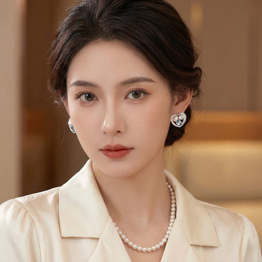 Romantic Pearl And Blue Zircon Heart Rhodium Plate Earring