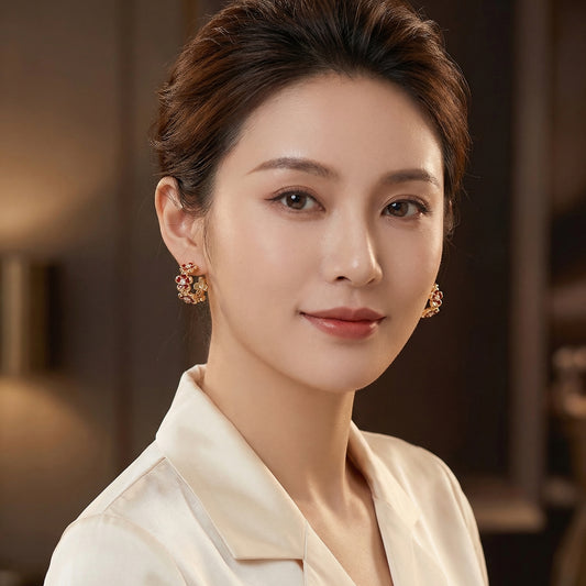 Red Enamel Floral Hoop Gold Plated Earring