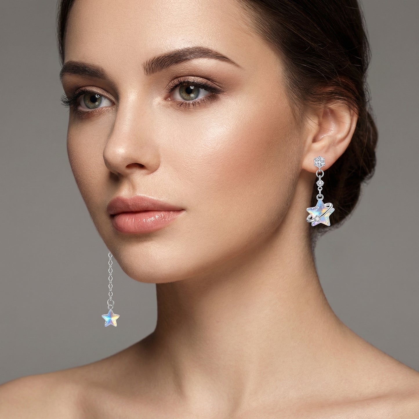 Asymmetrical Celestial Star Rhodium Plated Earring