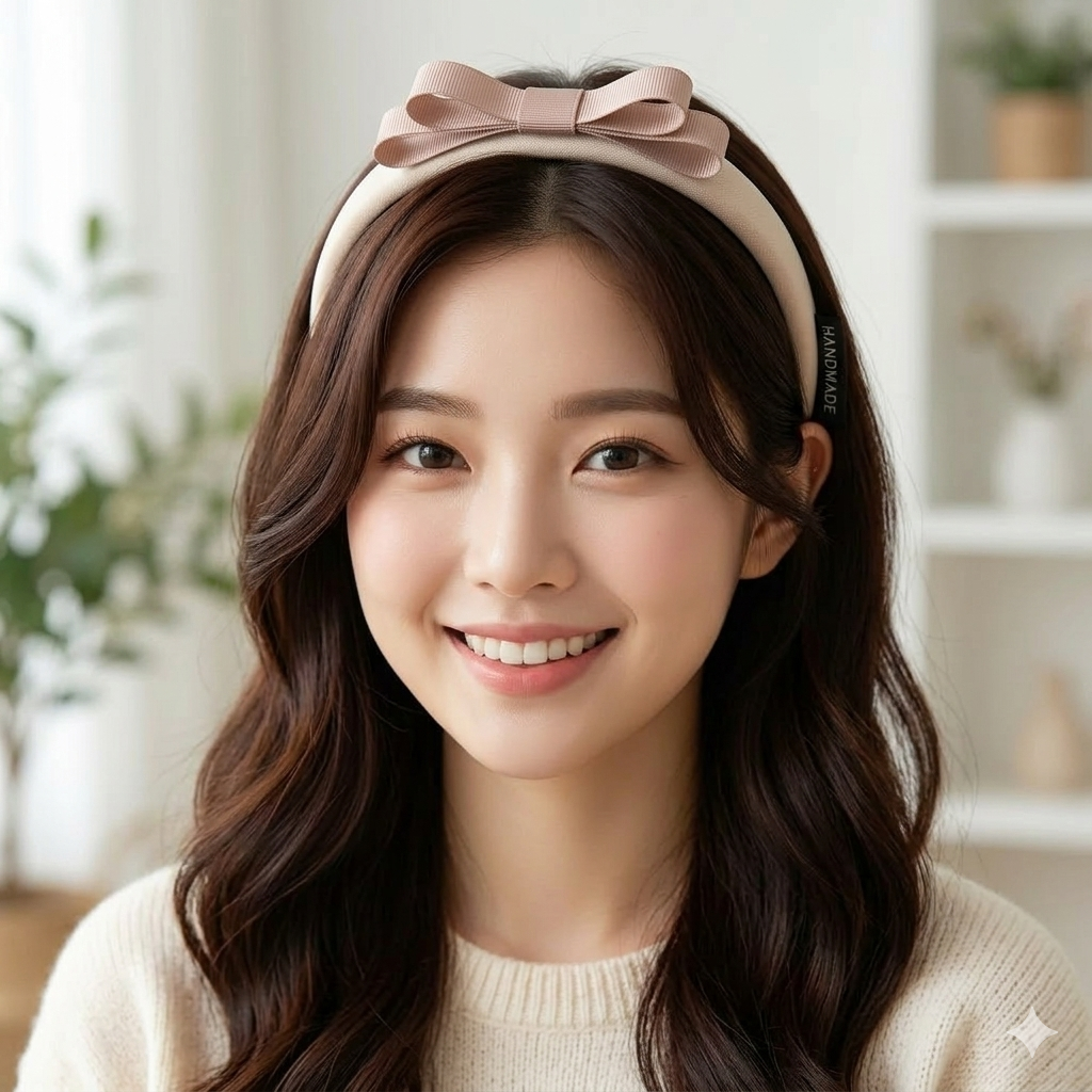 Woman wearing a beige headband with a bow, smiling in a blurred indoor setting