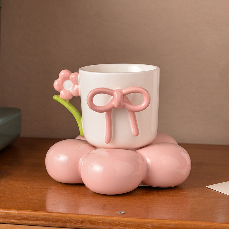 Cute Flower Base Ceramic Mug – Bow Knot Coffee Cup with Floral Handle