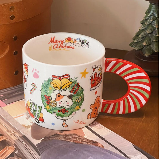 Christmas Kitty Mug – Cute Holiday Cat Ceramic Cup with Candy Cane Handle