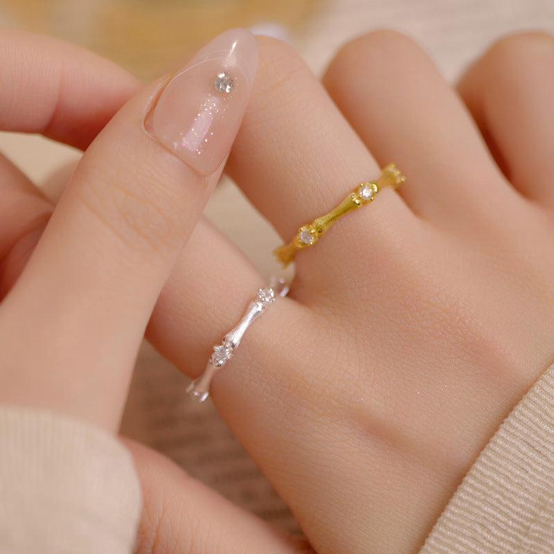 Textured Bamboo Zircon Adjustable Sterling Silver Rings