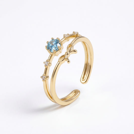 Double Band Bowknot And Blue Zircon Adjustable Gold Plated Ring