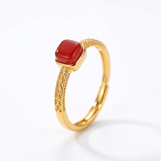 Vintage Square Cinnabar Adjustable Sterling Silver Rings