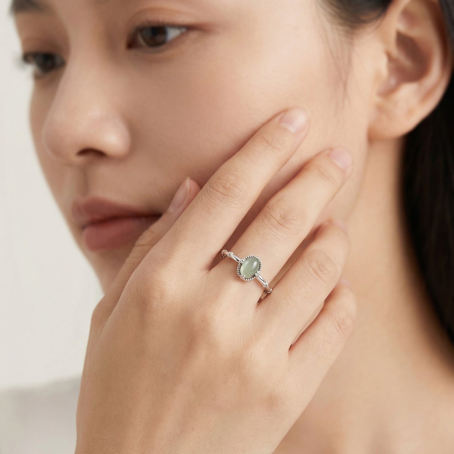 Vintage Oval Green Zircon Bamboo Sterling Silver Rings