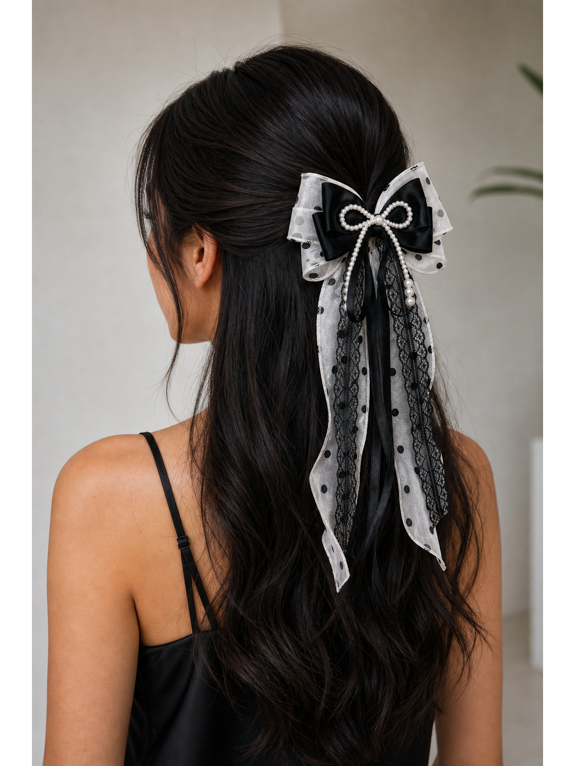 Black Bow Clip with Pearl Detail and Long Ribbon Tails 3