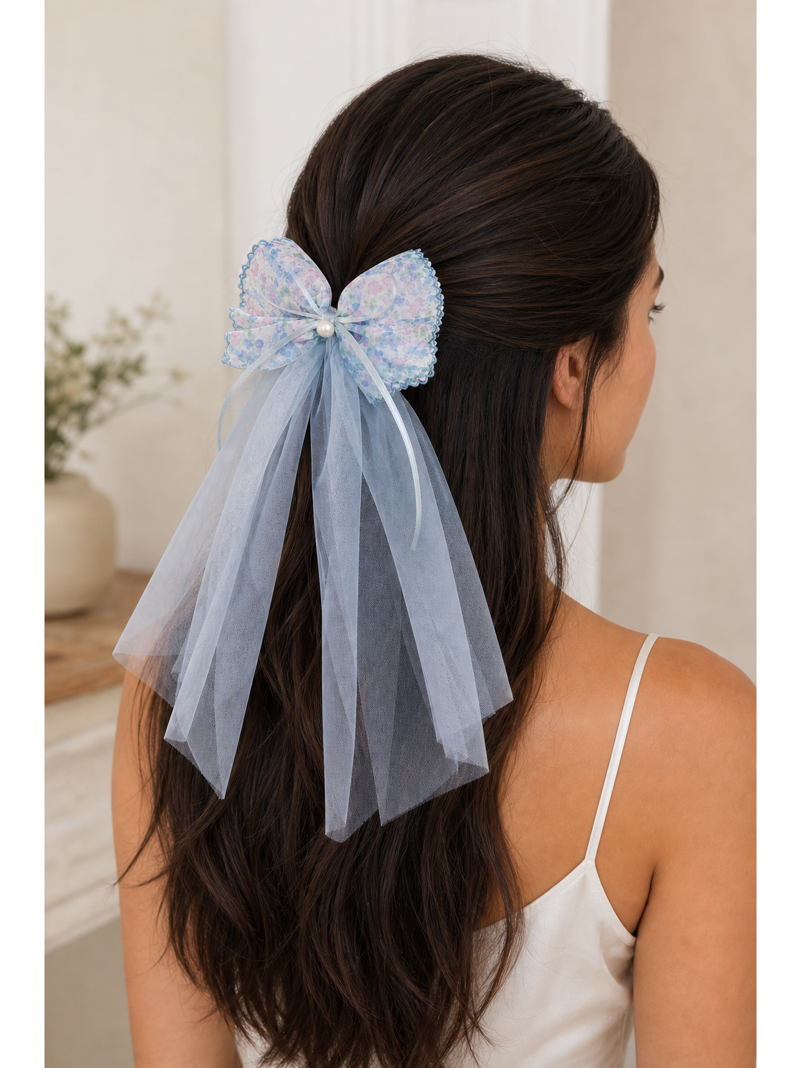 Blue Floral Bow Clip with Long Tulle Tail 3