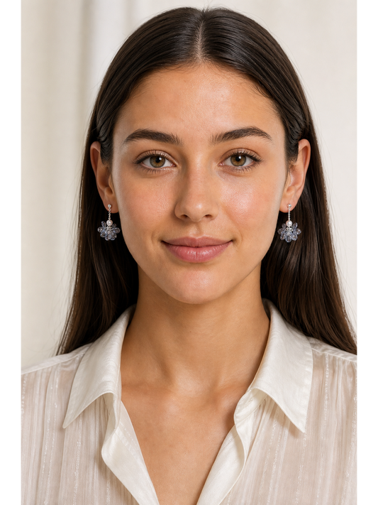 Blue Floral Pearl Drop Rhodium with Sterling Silver Posts Earring 2