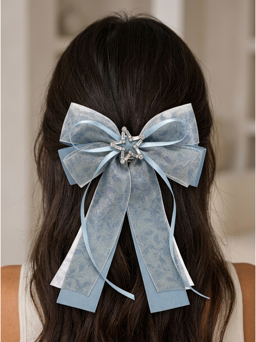Blue Organza Bow Hair Clip with Star Zircon Accent 3