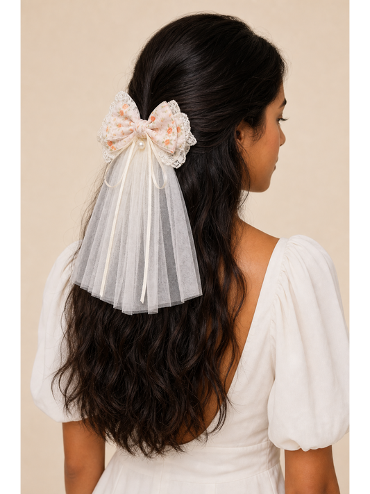 Floral Lace Bow Clip with 30cm Tulle Tail 2