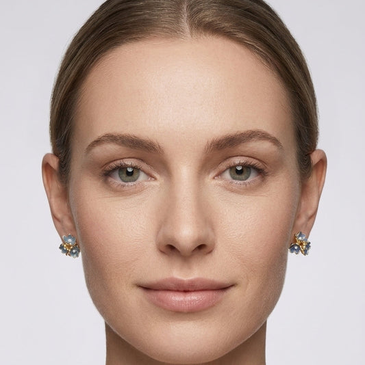 Blue Flower Cluster With Faux Pearls - Gold Plated with Sterling Silver Posts Earring 4