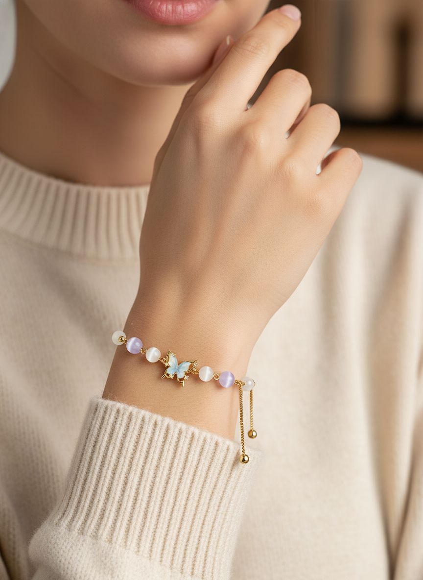 Gold Plated Butterfly Cat's Eye Bead Adjustable Bracelet 3
