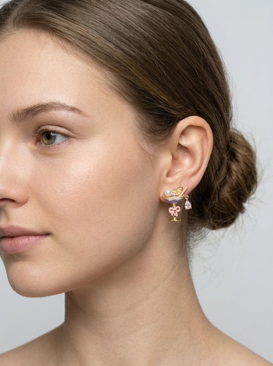 Plated Cocktail Glass With Pearl & Zircon Gold with Sterling Silver Posts Earring 5