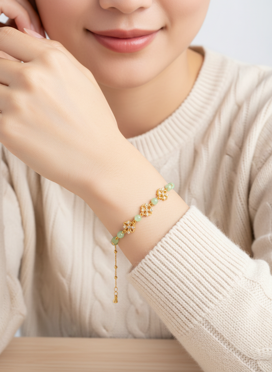 Gold Plated Floral Cubic Zirconia & Green Bead Bracelet 2