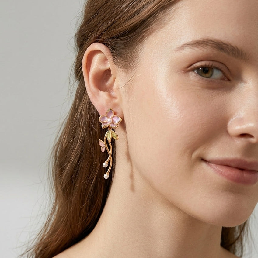 Floral Drop With Pearl Shapes Gold Plated with Sterling Silver Posts Earring 3