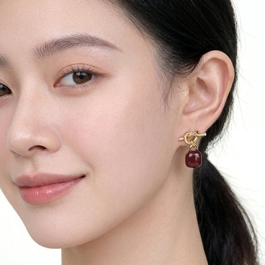 Red Accent Knot Drop Gold Plated with Sterling Silver Posts Earring 2