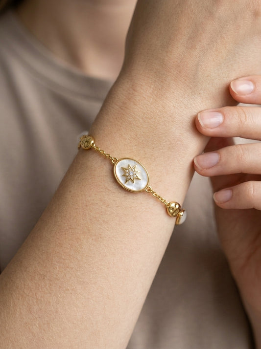 Gold Plated Oval Stone Link Bracelet with Adjustable Lobster Clasp 2