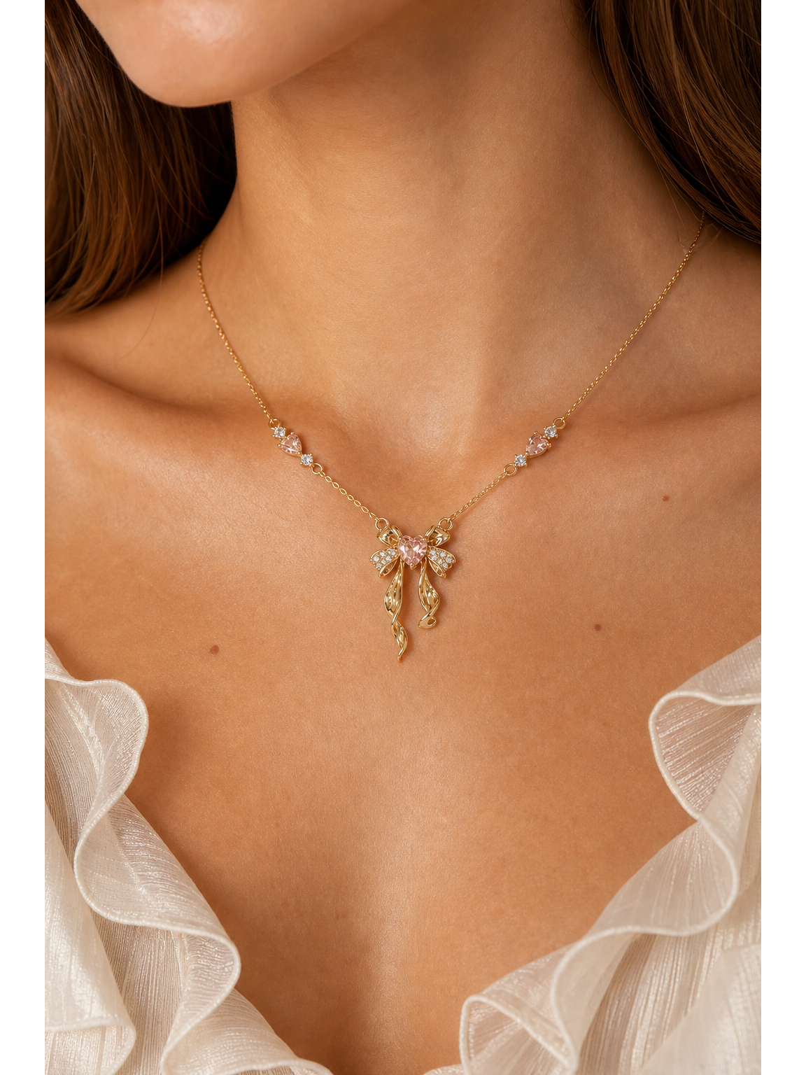 Gold Plated Pink Heart Bow Necklace 3