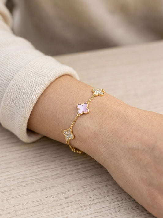 Gold Plated Pink Zirconia Clover Bracelet with Lobster Clasp 2