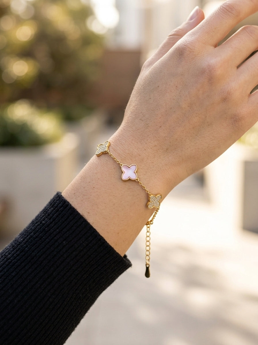 Gold Plated Pink Zirconia Clover Bracelet with Lobster Clasp 3