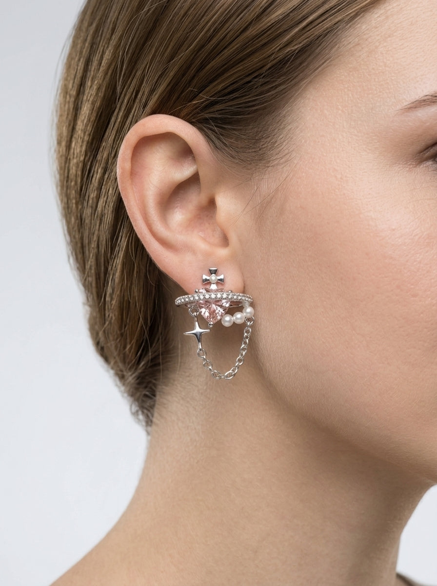 Plated Planet And Star Tassel With Zircon Detail Gold with Sterling Silver Posts Earring 3