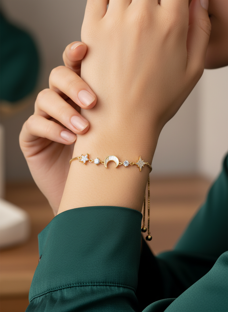 Gold Plated Star and Moon Adjustable Bracelet with Zircon Stones 3