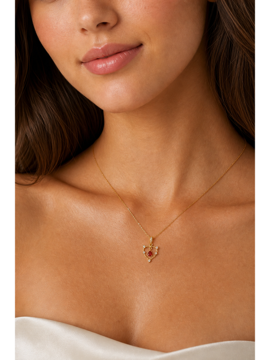 Gold Plated Sterling Silver Open Heart Necklace with Red Zircon 2
