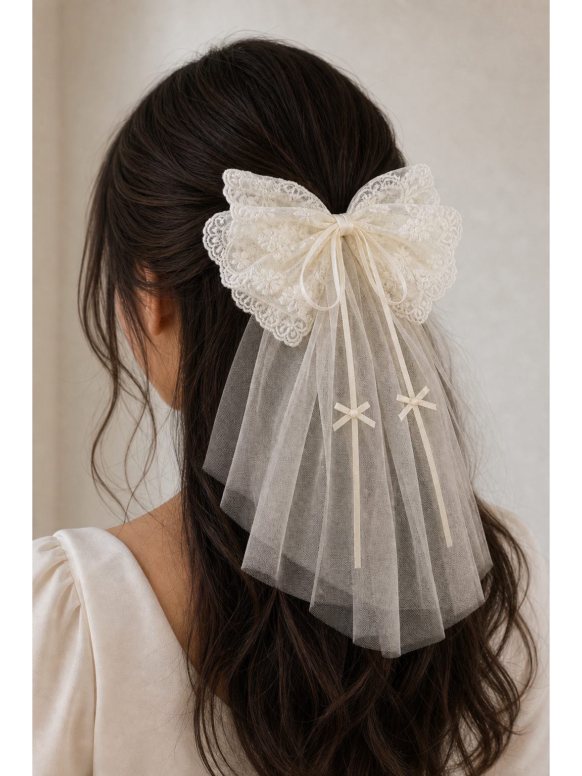 Ivory Lace Bow Clip with Long Tulle Tail 3