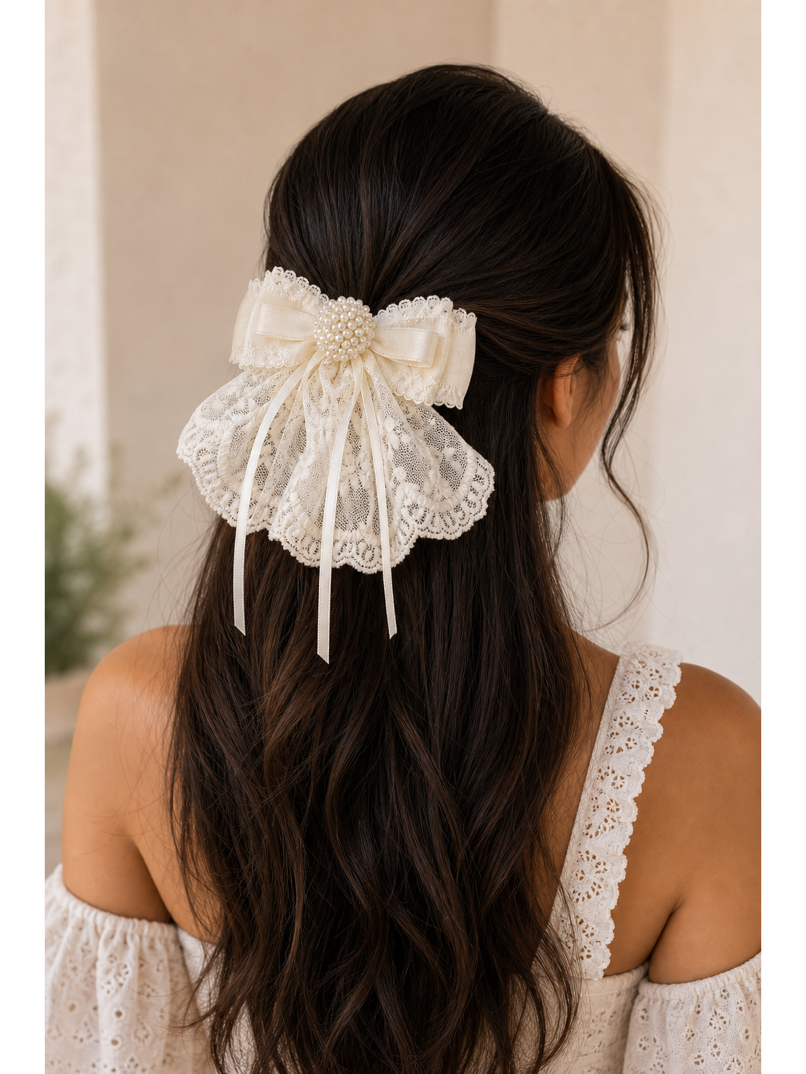 Ivory Lace Bow Hair Clip with Pearl Detail 3