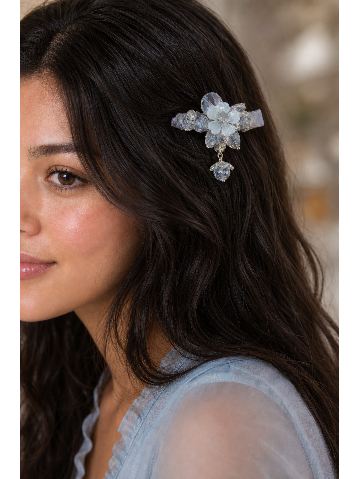 Light Blue Floral Beaded Hair Clip 3